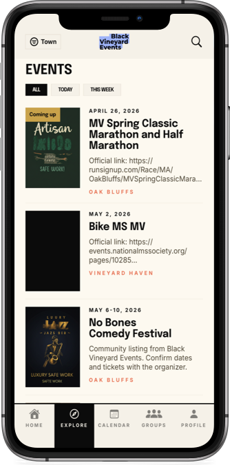 Black Vineyard Events app Explore tab with Events list, town filters, and All, Today, This Week views