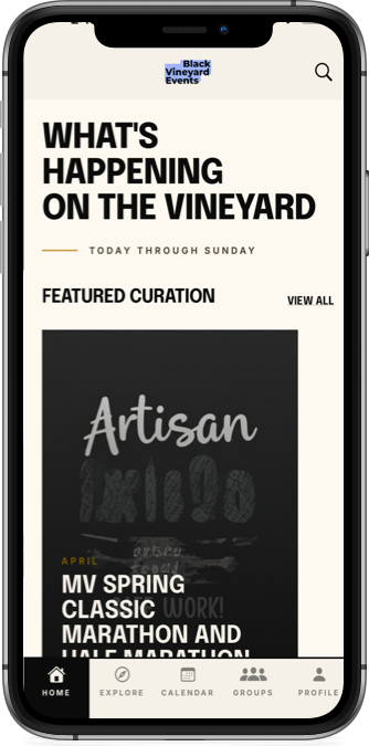 Black Vineyard Events app on iPhone: What's Happening on the Vineyard and featured curation